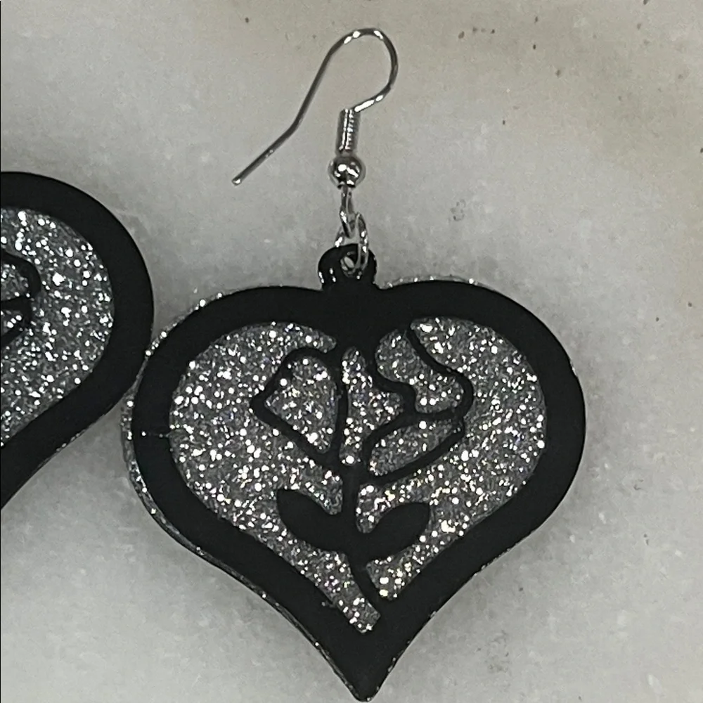 Sparkling Black and Silver Heart Earrings
